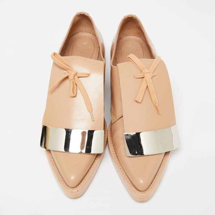 Pre Owned Marni Beige Patent Leather Flap Lace Up Oxford Size 38.5