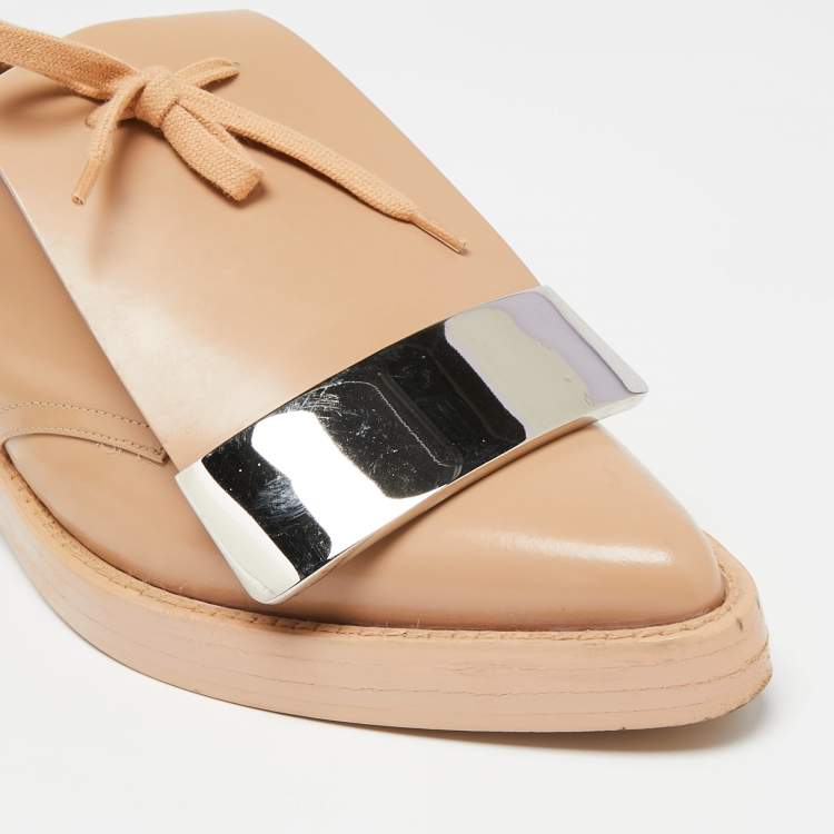 Pre Owned Marni Beige Patent Leather Flap Lace Up Oxford Size 38.5