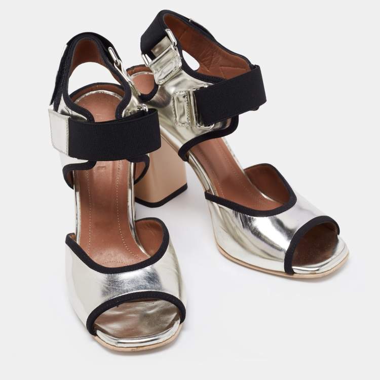 Pre Owned Marni Silver/Black Leather Ankle-Strap Block Heel Sandals Size 40