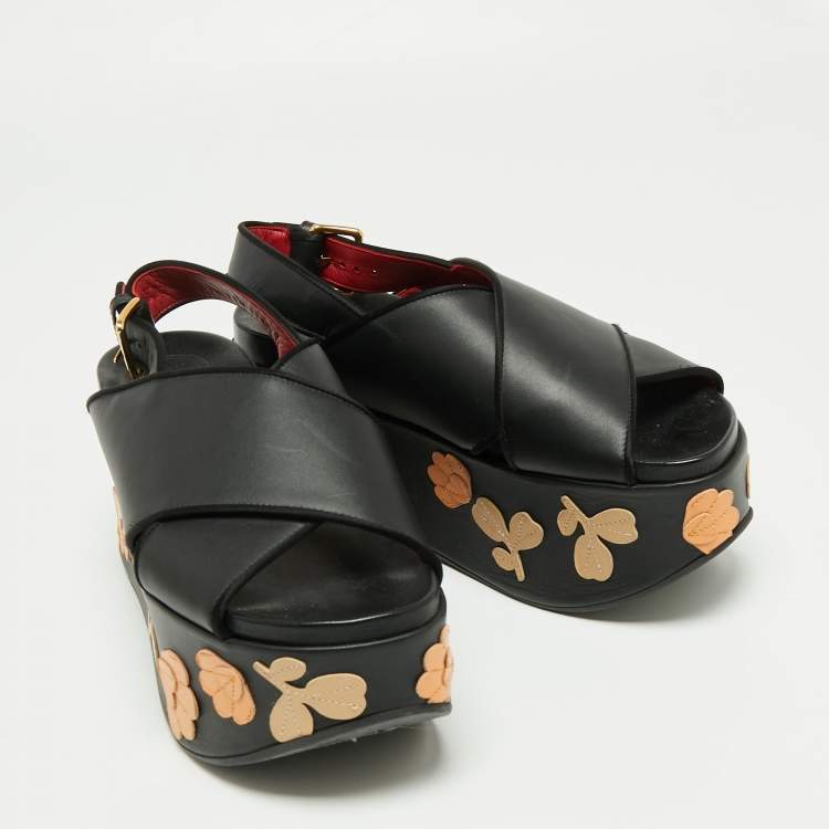Pre Owned Marni Black Leather Cross Strap Floral Platform Sandals Size 40