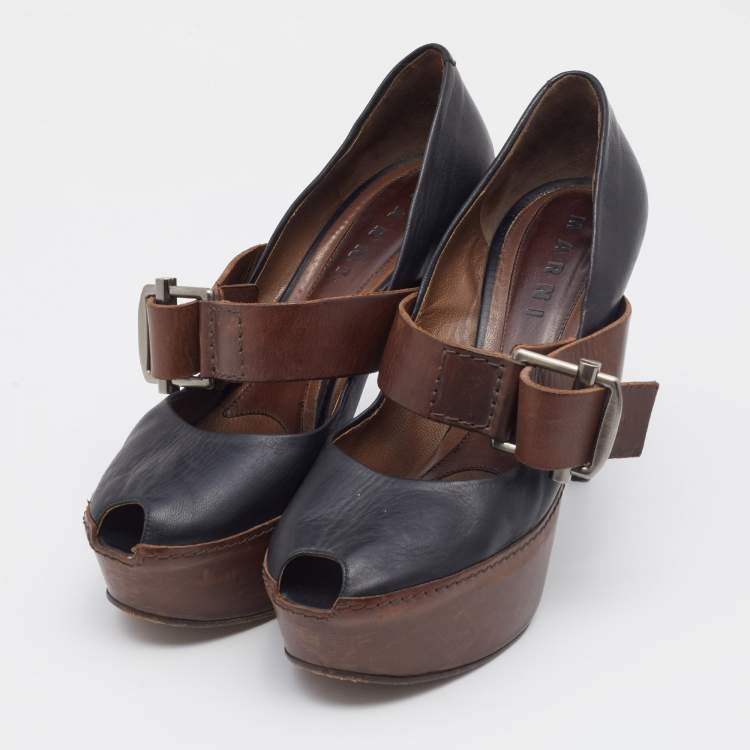 Pre Owned Marni Black/Brown Leather Mary Jane Peep Toe Platform Pumps Size 40