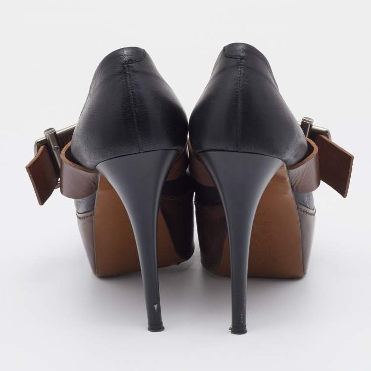 Pre Owned Marni Black/Brown Leather Mary Jane Peep Toe Platform Pumps Size 40