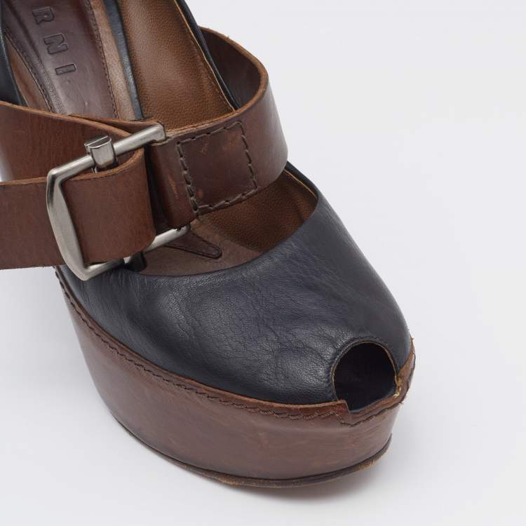 Pre Owned Marni Black/Brown Leather Mary Jane Peep Toe Platform Pumps Size 40