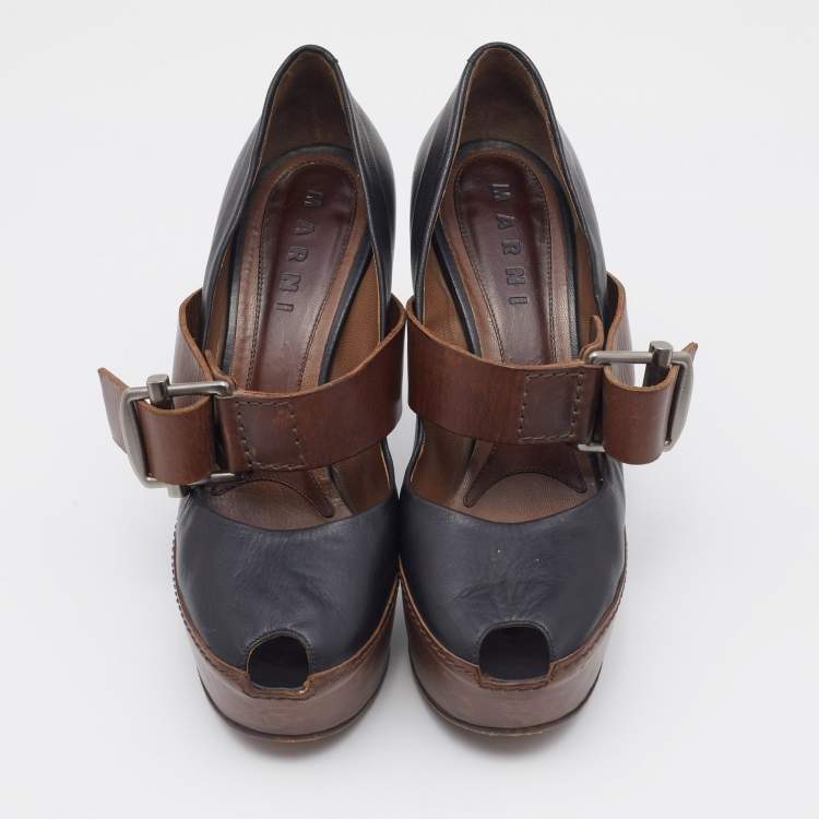 Pre Owned Marni Black/Brown Leather Mary Jane Peep Toe Platform Pumps Size 40