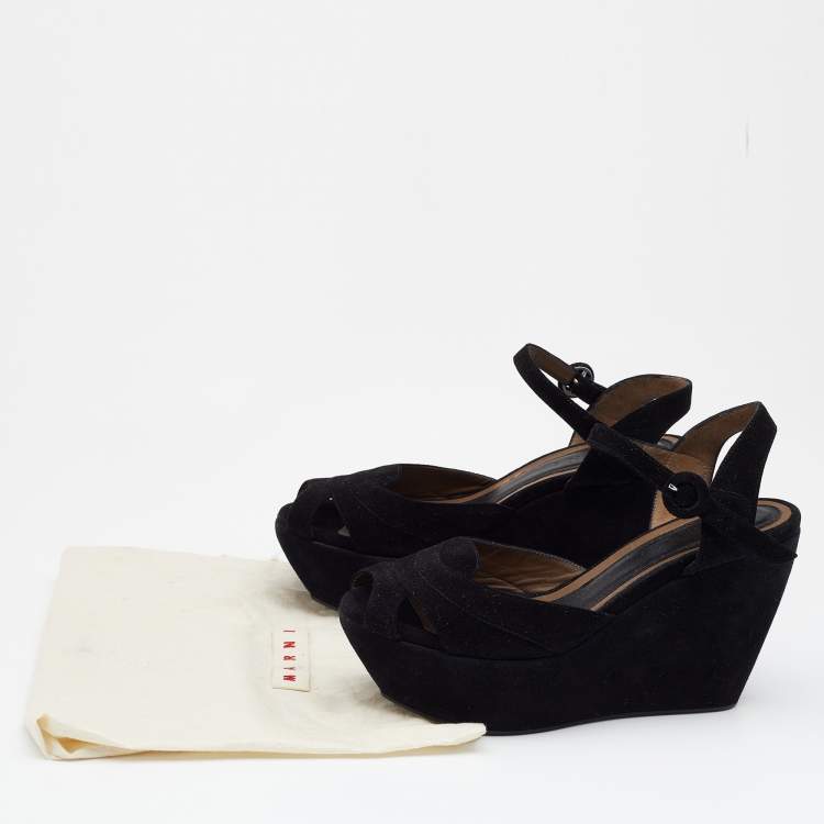 Pre Owned Marni Black Suede Ankle Strap Platform Wedge Sandals Size 38