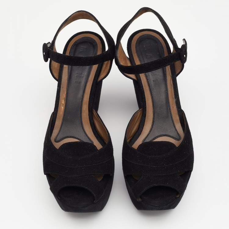 Pre Owned Marni Black Suede Ankle Strap Platform Wedge Sandals Size 38