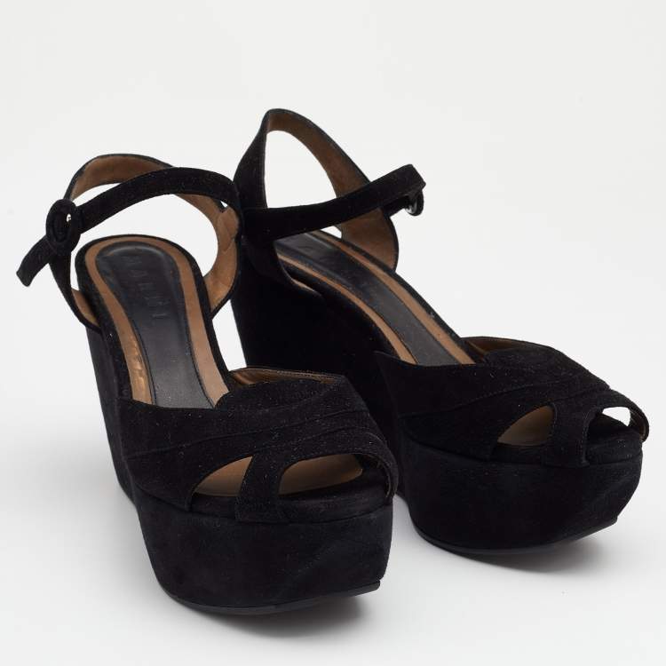 Pre Owned Marni Black Suede Ankle Strap Platform Wedge Sandals Size 38