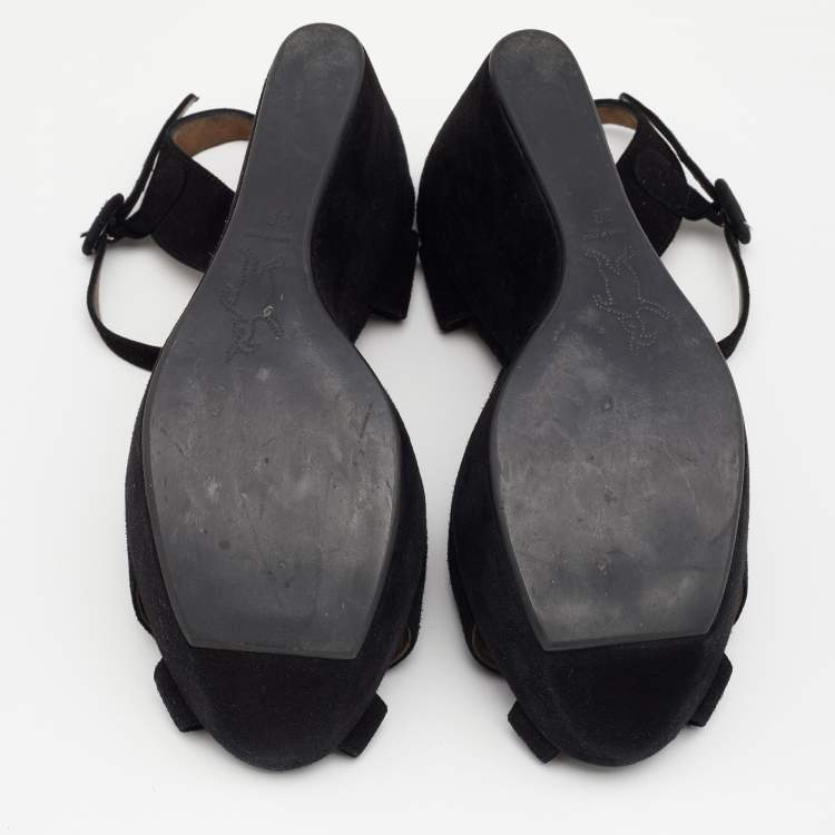 Pre Owned Marni Black Suede Ankle Strap Platform Wedge Sandals Size 38