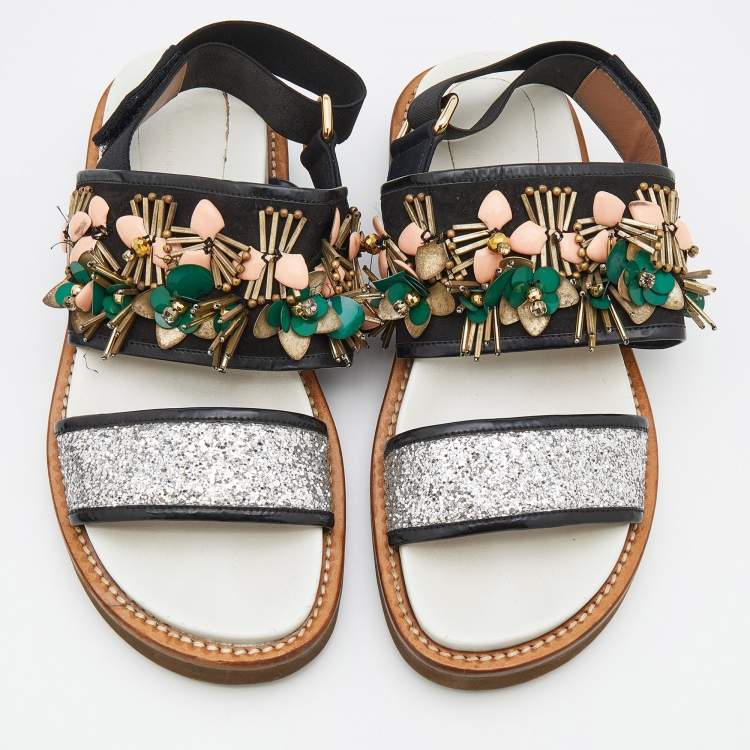 Pre Owned Marni Multicolor Glitter And Suede Embellished Flat Sandals Size 38.5