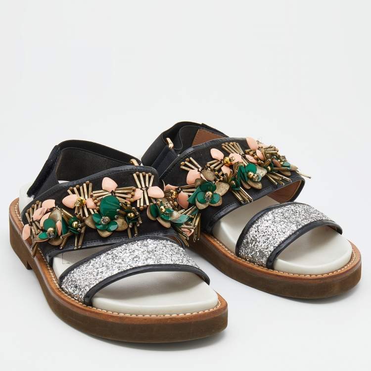 Pre Owned Marni Multicolor Glitter And Suede Embellished Flat Sandals Size 38.5