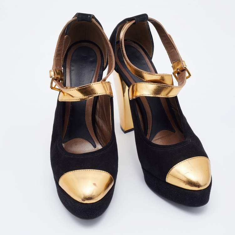 Pre Owned Marni Black/Gold Suede and Leather Platforms Ankle Strap Pumps Size 39