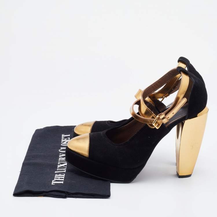 Pre Owned Marni Black/Gold Suede and Leather Platforms Ankle Strap Pumps Size 39