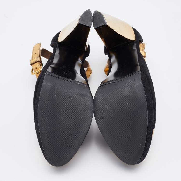 Pre Owned Marni Black/Gold Suede and Leather Platforms Ankle Strap Pumps Size 39