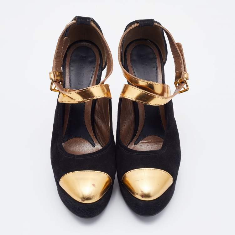 Pre Owned Marni Black/Gold Suede and Leather Platforms Ankle Strap Pumps Size 39
