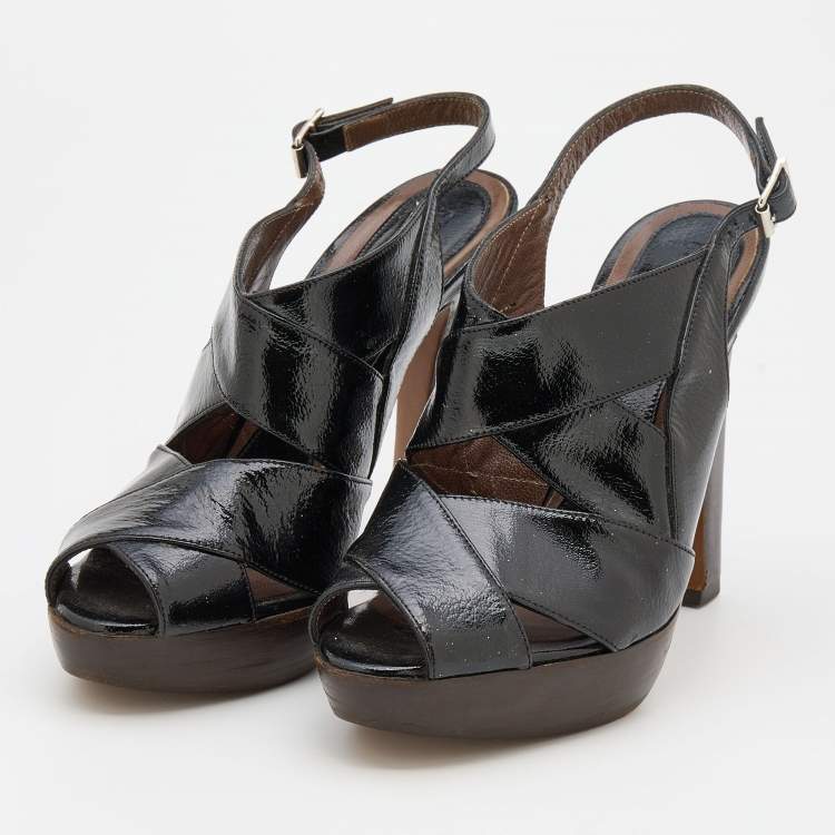Pre Owned Marni Black Patent Leather Slingback Platform Sandals Size 37.5