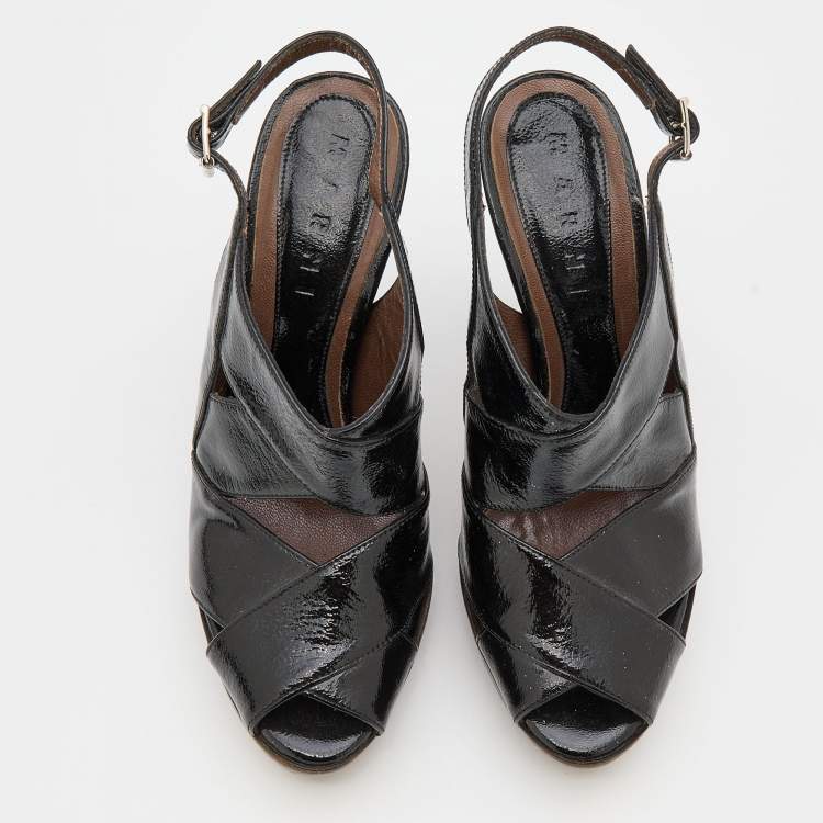 Pre Owned Marni Black Patent Leather Slingback Platform Sandals Size 37.5