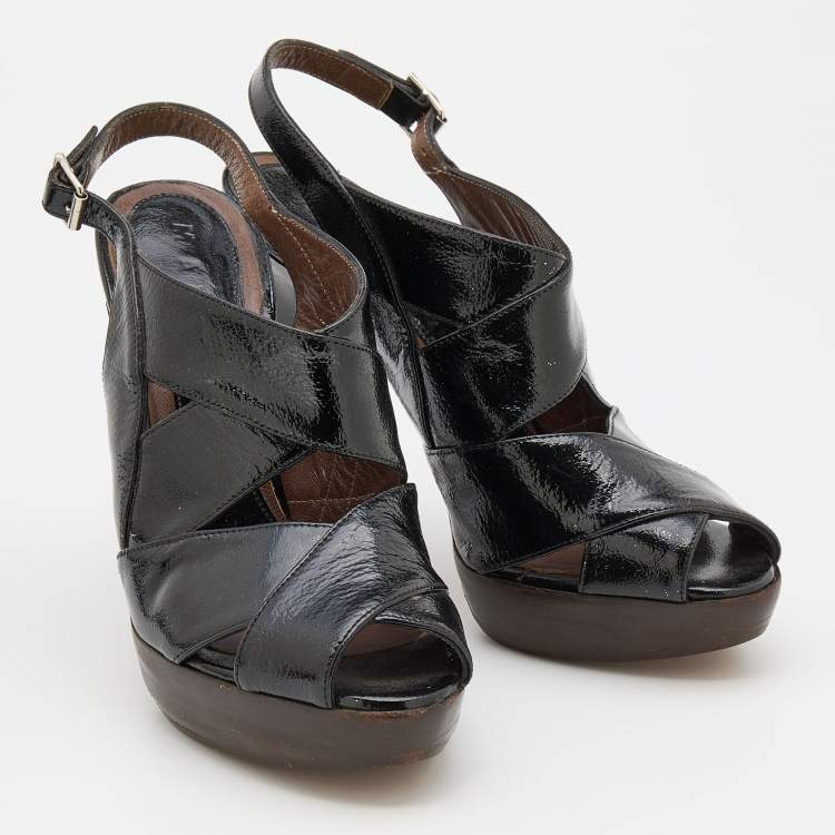 Pre Owned Marni Black Patent Leather Slingback Platform Sandals Size 37.5