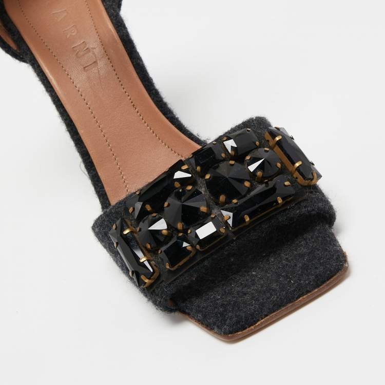 Pre Owned Marni Dark Grey Felt Crystal Embellished Ankle Strap Sandals Size 38