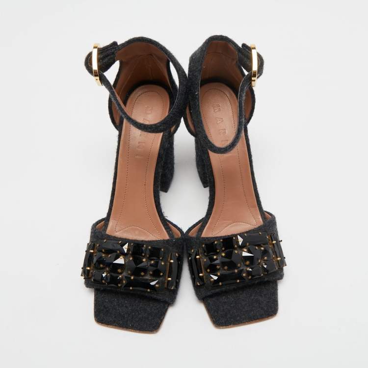 Pre Owned Marni Dark Grey Felt Crystal Embellished Ankle Strap Sandals Size 38