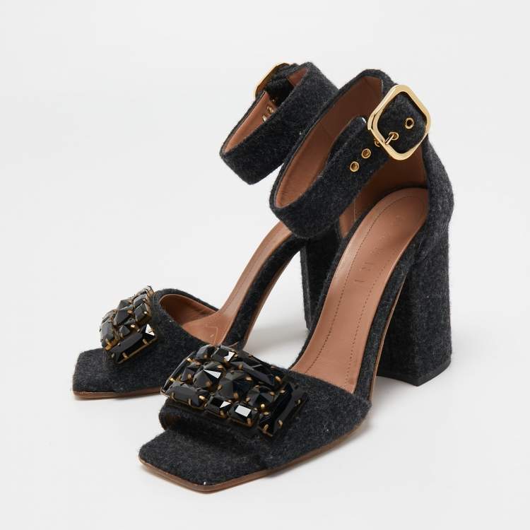 Pre Owned Marni Dark Grey Felt Crystal Embellished Ankle Strap Sandals Size 38
