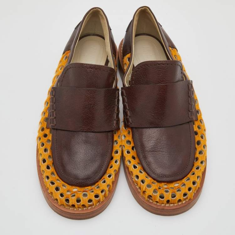 Pre Owned Marni Brown/Yellow Leather and Perforated Calf Hair Slip On Loafers Size 38