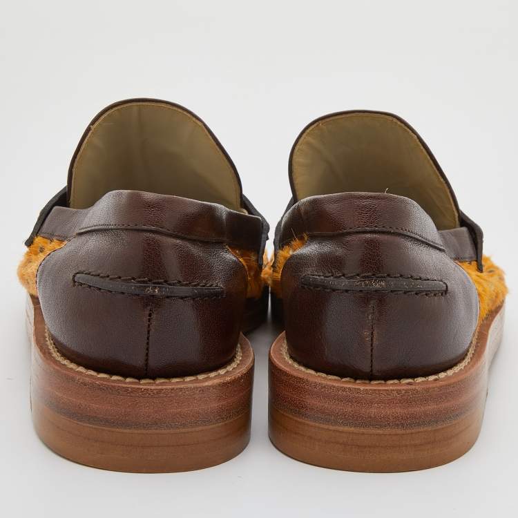 Pre Owned Marni Brown/Yellow Leather and Perforated Calf Hair Slip On Loafers Size 38