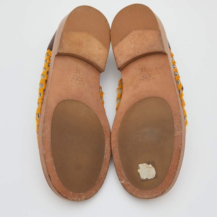 Pre Owned Marni Brown/Yellow Leather and Perforated Calf Hair Slip On Loafers Size 38