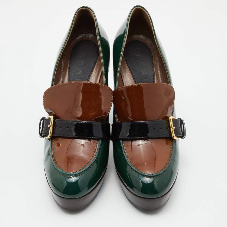 Pre Owned Marni Green/Brown Patent Leather Platform Loafer Pumps Size 39