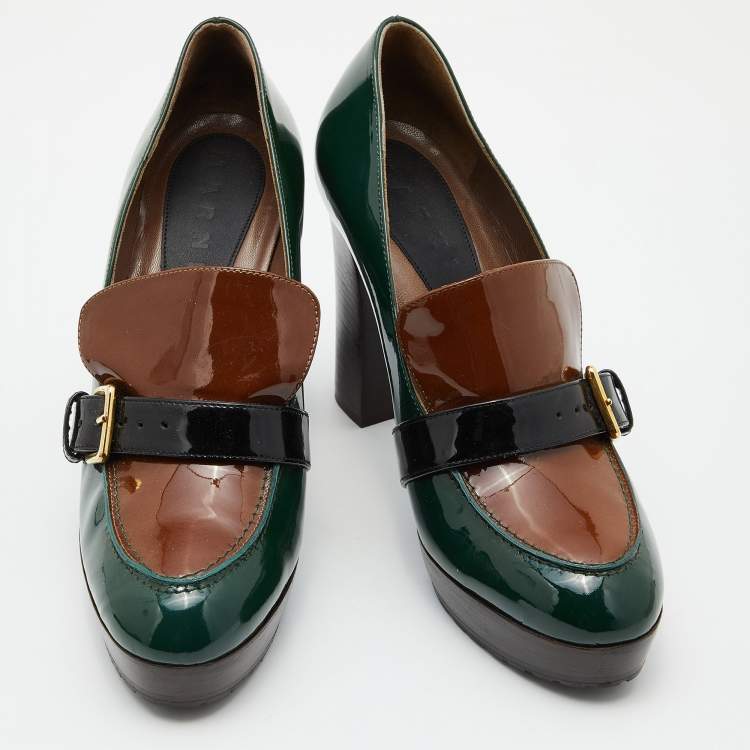 Pre Owned Marni Green/Brown Patent Leather Platform Loafer Pumps Size 39