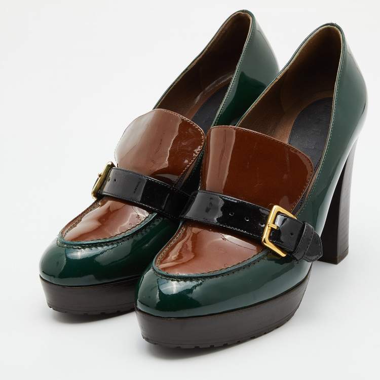 Pre Owned Marni Green/Brown Patent Leather Platform Loafer Pumps Size 39