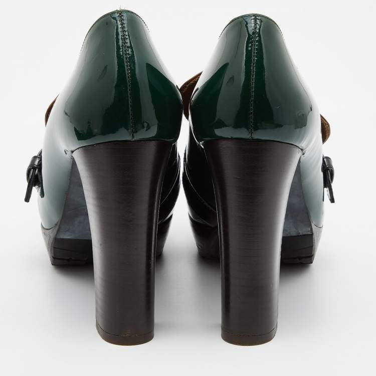 Pre Owned Marni Green/Brown Patent Leather Platform Loafer Pumps Size 39