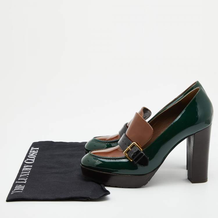 Pre Owned Marni Green/Brown Patent Leather Platform Loafer Pumps Size 39