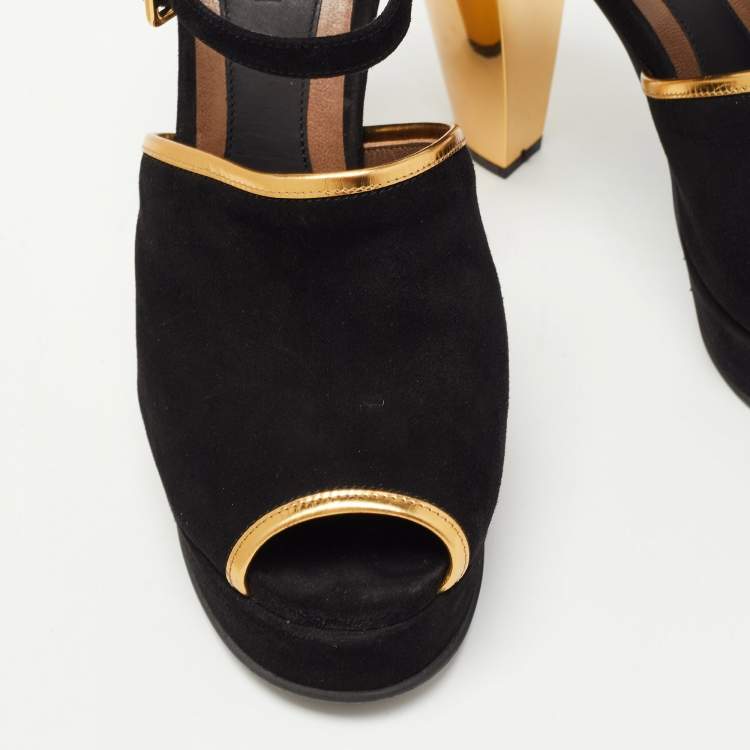 Pre Owned Marni Black/Gold Suede Ankle Strap Platform Pumps Size 40