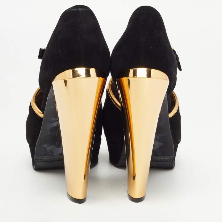 Pre Owned Marni Black/Gold Suede Ankle Strap Platform Pumps Size 40