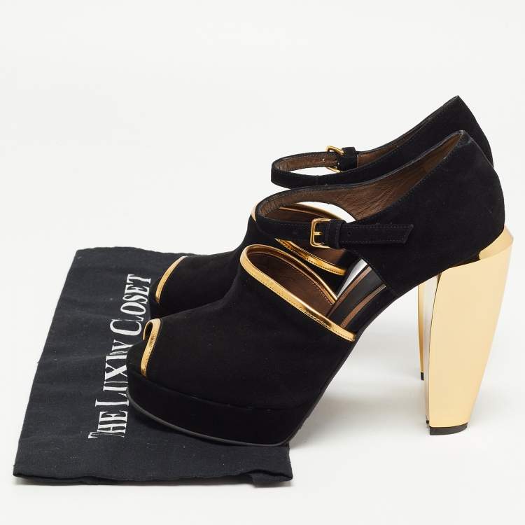 Pre Owned Marni Black/Gold Suede Ankle Strap Platform Pumps Size 40