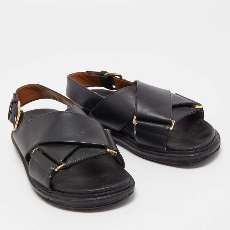 Pre Owned Marni Black Leather Cross-Strap Flat Sandals Size 36