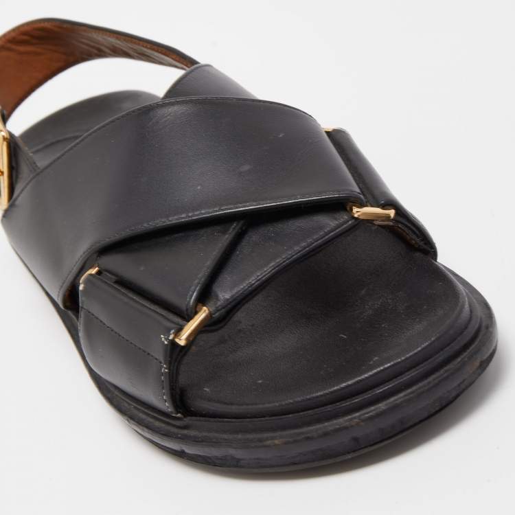Pre Owned Marni Black Leather Cross-Strap Flat Sandals Size 36