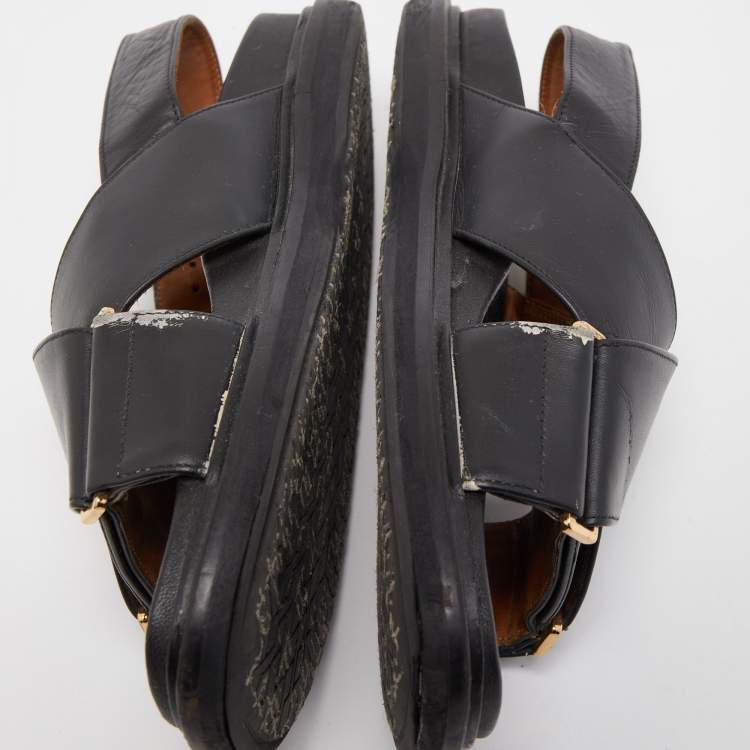 Pre Owned Marni Black Leather Cross-Strap Flat Sandals Size 36