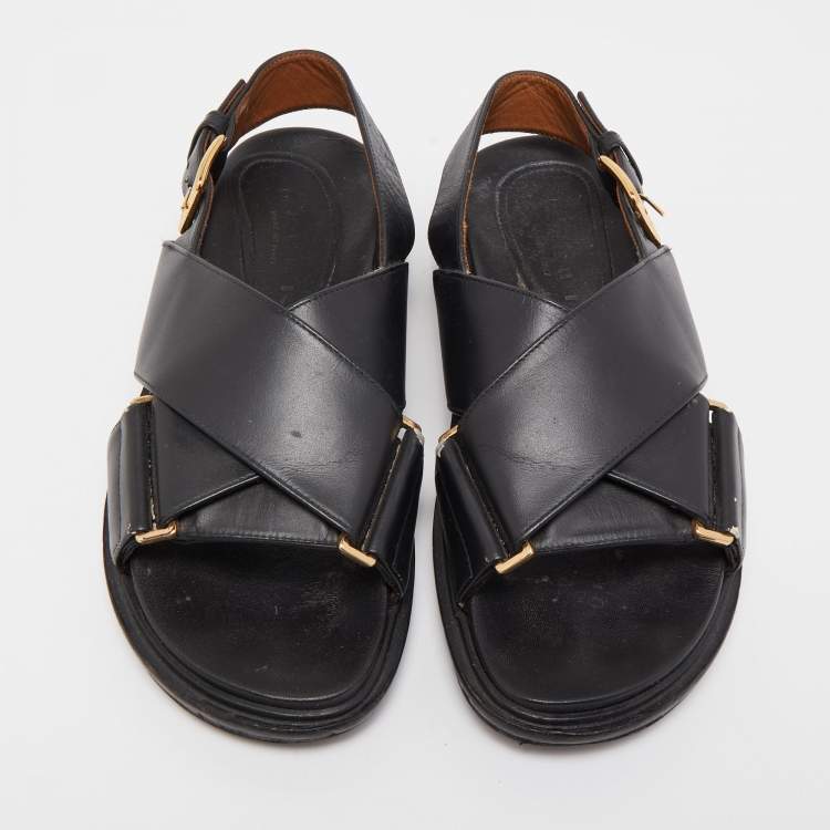 Pre Owned Marni Black Leather Cross-Strap Flat Sandals Size 36