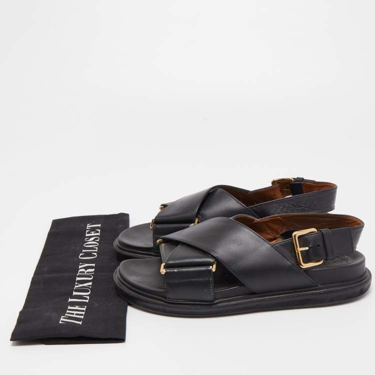 Pre Owned Marni Black Leather Cross-Strap Flat Sandals Size 36