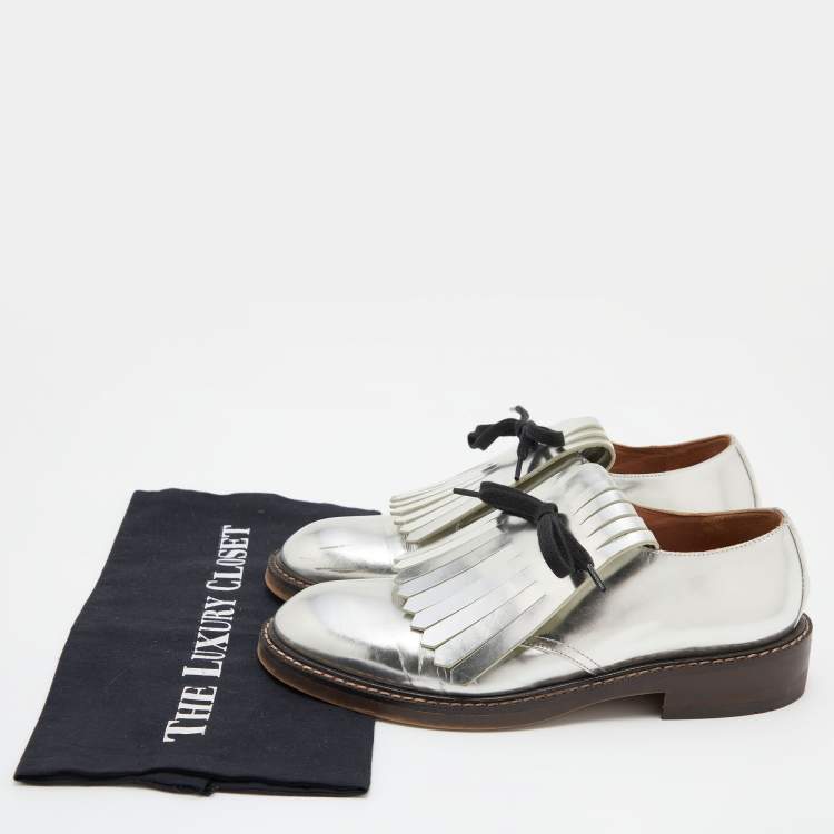 Pre Owned Marni Silver Patent Leather Fringed Derby Size 37