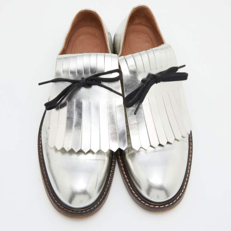 Pre Owned Marni Silver Patent Leather Fringed Derby Size 37
