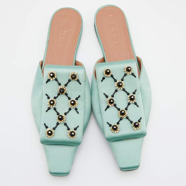 Pre Owned Marni Green Satin Embellished Mules Size 39