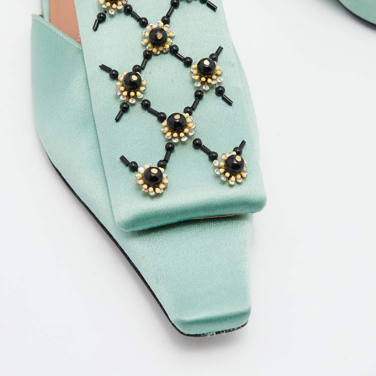 Pre Owned Marni Green Satin Embellished Mules Size 39
