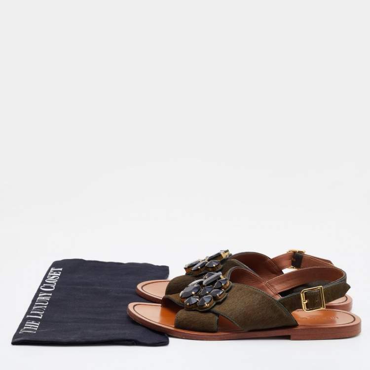 Pre Owned Marni Olive Green Calfhair Cross Strap Embellished Slingback Flat Sandals Size 40