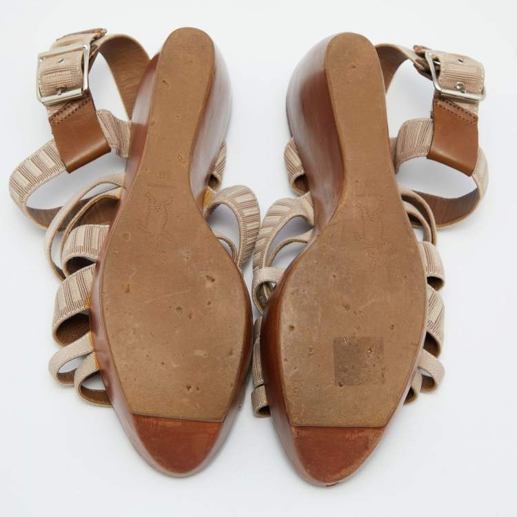 Pre Owned Marni Beige Nylon and Leather Strappy Wedge Sandals Size 40