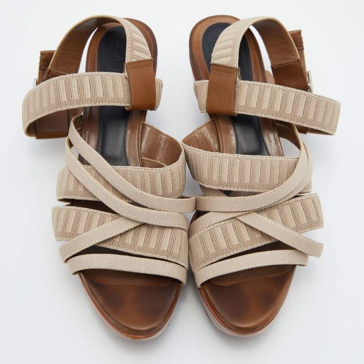 Pre Owned Marni Beige Nylon and Leather Strappy Wedge Sandals Size 40
