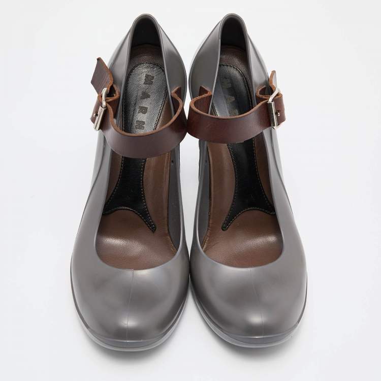 Pre Owned Marni Grey/Brown Rubber and Leather Mary Jane Pumps Size 41