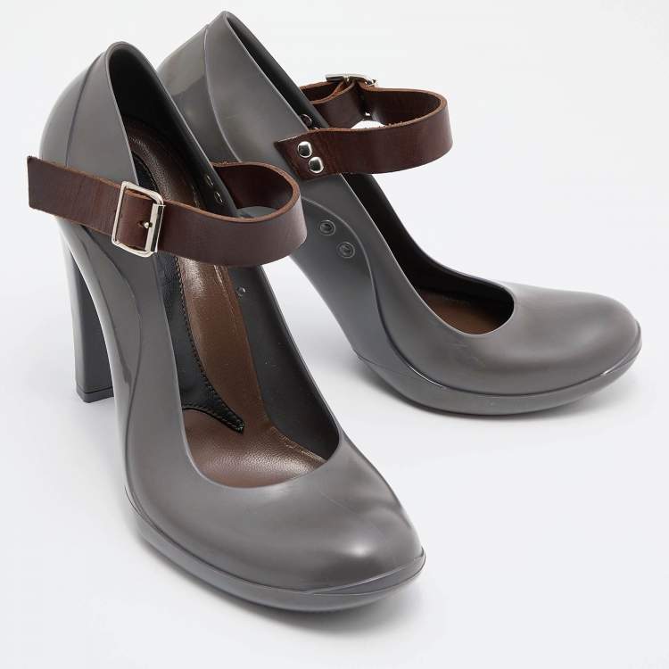 Pre Owned Marni Grey/Brown Rubber and Leather Mary Jane Pumps Size 41