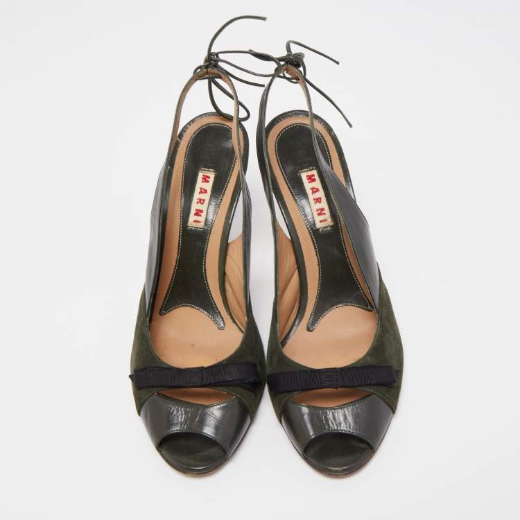 Pre Owned Marni Dark Green Leather and Suede Peep Toe Tie Knot Slingback Sandals Size 38.5